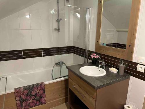 a bathroom with a sink and a bath tub with a mirror at Risoul duplex 48m2 avec piscine et sauna in Risoul