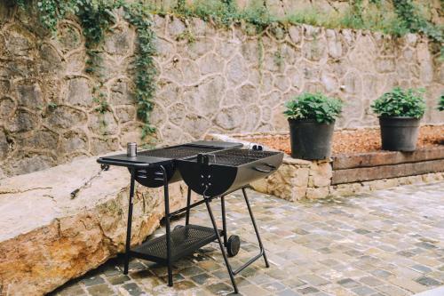 a barbecue grill on a patio with two potted plants at Zhangjiajie Qiquan Vacation B&B in Zhangjiajie