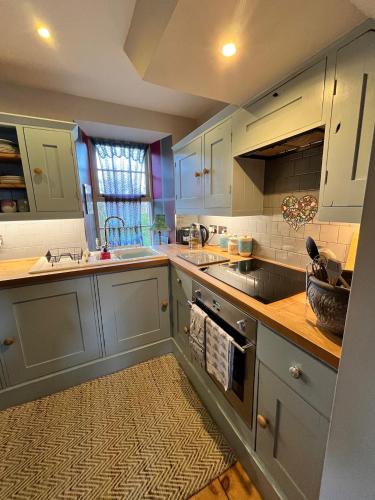 a kitchen with blue cabinets and a sink at Quirky Highland Cottage with Stunning Views in Wester Fearn