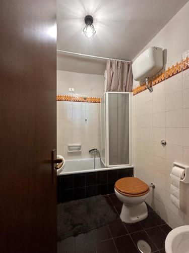 un baño con inodoro y bañera en Rifugio con vista Montagna e Accesso Diretto Alle Piste, en San Massimo