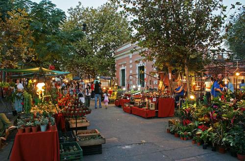 un gruppo di persone che camminano intorno a un mercato con i fiori di Departamento en el centro de Córdoba a Córdoba