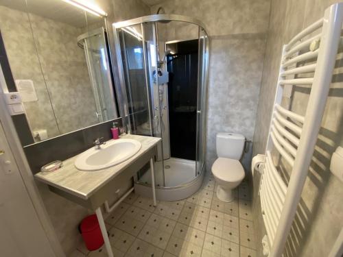 y baño con lavabo, ducha y aseo. en Chambres d'Hôtes La Petite Boynarde, en Rivière-sur-Tarn