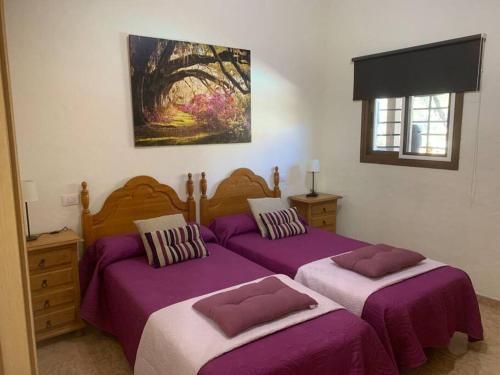 La Casita Vibbecanarias Tunte في سان بارتولومي: سريرين في غرفة ذات أغطية أرجوانية