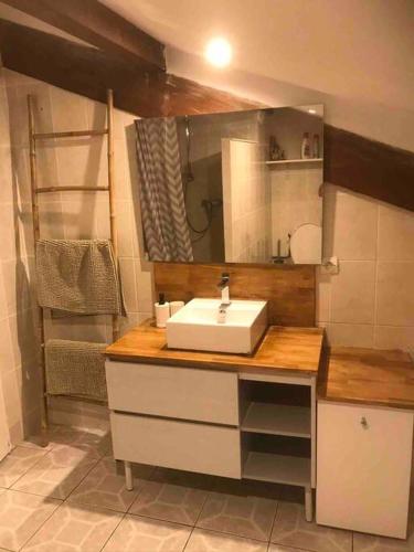 une salle de bain avec un lavabo et un miroir dans l'établissement Louez l’étage d une maison basque à 5mn de Bayonne, à Mouguerre