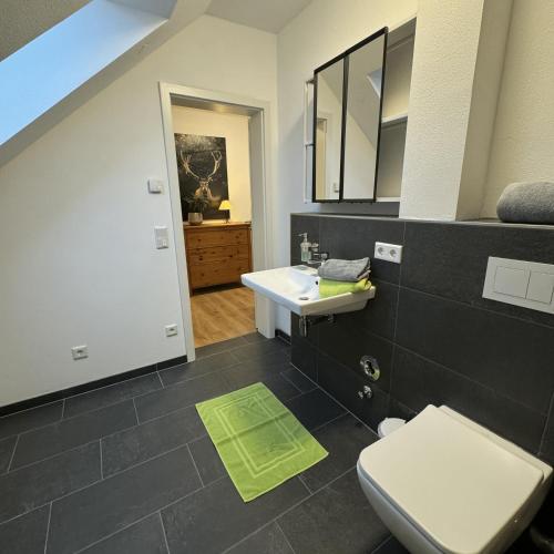a bathroom with a white toilet and a sink at Ferienwohnung Auf Der Höll in Daubach