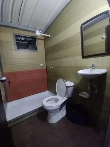 a bathroom with a toilet and a sink at Cabaña La Guitarra in Betania