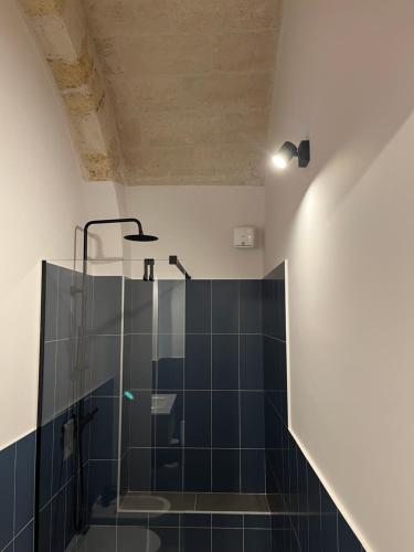 La salle de bains est pourvue d'une douche avec du carrelage bleu. dans l'établissement Aqua - Letto e Colazione, à Acquaviva delle Fonti