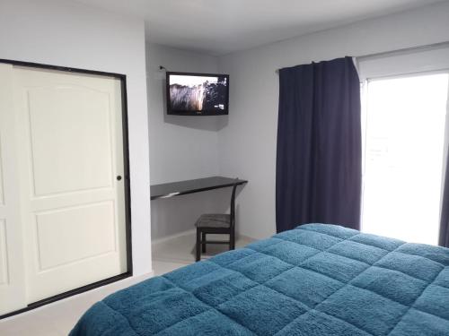 1 dormitorio con 1 cama azul y TV en CASA QUINTA CON PILETA, GALERIA, IMPECABLE , AIRE, WIFI en Santa Rosa
