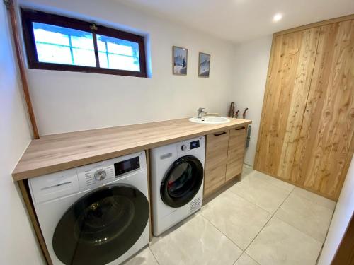 a laundry room with a washing machine and a sink at Mont Milo, Spacieux, 5ch, Sauna, Billard, Babyfoot, Borne de recharge électrique in Briançon