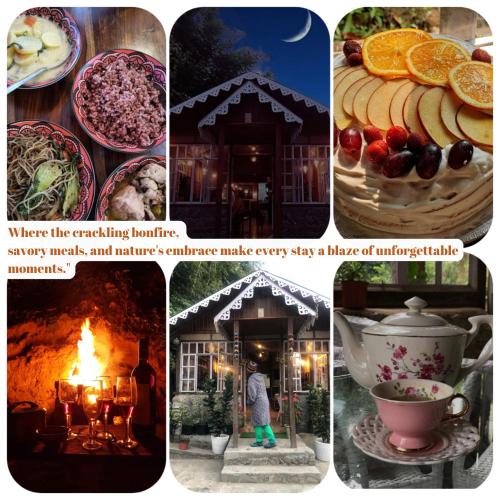 a collage of pictures of food and a cake at Tenam Garden homestay in Kalimpong