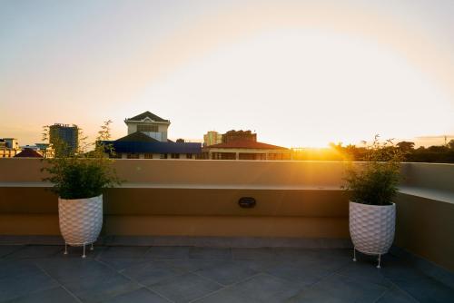 two plants in vases on a balcony with the sunset at Westwood Residences in Arusha