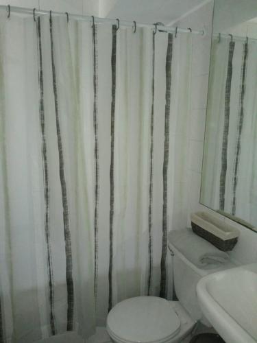 een badkamer met een toilet, een wastafel en een douchegordijn bij DEPARTAMENTO ESPLÉNDIDA Y PANORÁMICA VISTA FRENTE AL OCÈANO in Puchuncaví