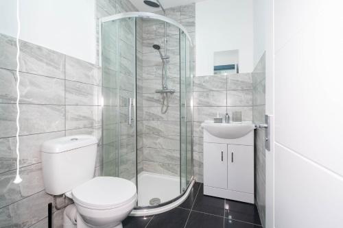 a bathroom with a shower and a toilet and a sink at Sky Rooms Studio Apartment 7 in Birmingham