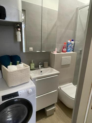 een badkamer met wasmachine en toilet bij Appartement Vincennes cozy in Vincennes