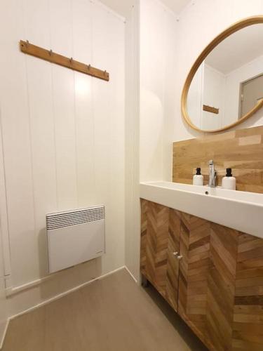 une salle de bain avec un lavabo et un miroir dans l'établissement Appart village Gruissan : le flamant-rose, à Gruissan