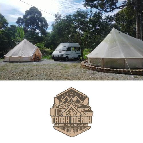 a tent and a van parked in a field at Tanah Merah Glamping Village (TMGV) in Kuala Kangsar