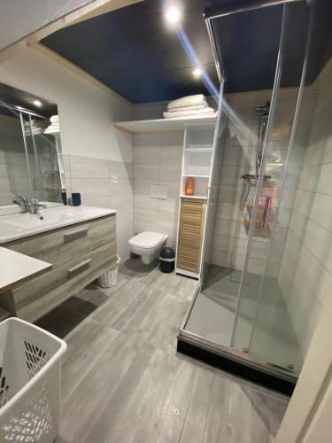 La salle de bains est pourvue d'une douche, d'un lavabo et de toilettes. dans l'établissement Chambre privée, à Aime La Plagne