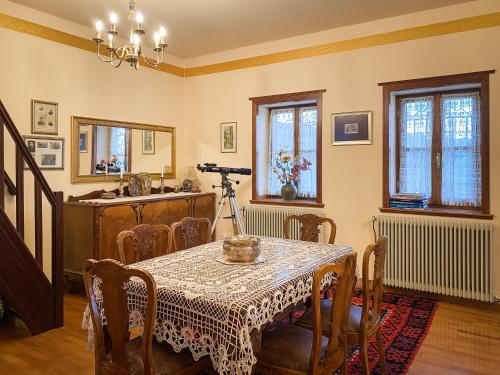 a dining room with a table and a camera at Villa Arcturia in Nimfaíon