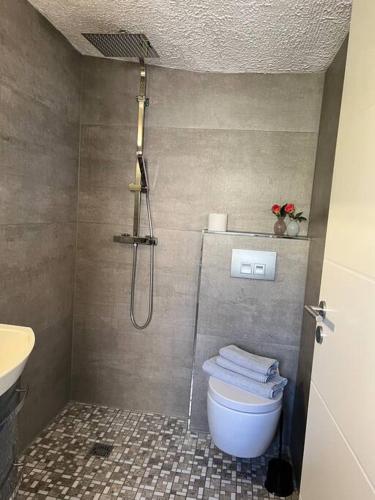La salle de bains est pourvue d'une douche et de toilettes. dans l'établissement Moderne City Wohnung Paderborn Zentrum, à Paderborn