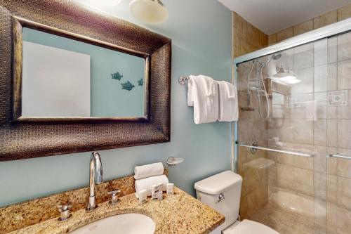 a bathroom with a sink and a toilet and a shower at Healing Hideaway in Saint Joe Beach