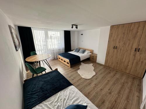 1 dormitorio con cama, mesa y escritorio en Pod Skałką en Sromowce Wyżne