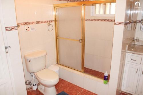 a small bathroom with a shower and a toilet at Villa Los Almendros - 2 pools and private tennis court in Baní
