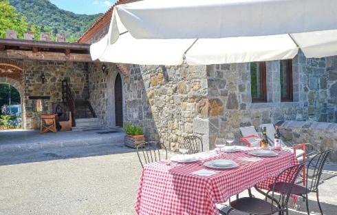 a table with a red and white checkered table cloth at Incantevole rifugio nel castello di Ahrensperg in Pulfero