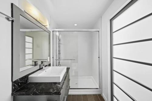 a bathroom with a sink and a mirror and a shower at Skyline Hideaway in Vancouver