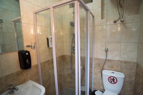 a bathroom with a shower with a toilet and a sink at Villa La Munte in Kruševo