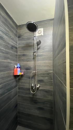 a shower with a shower head in a bathroom at Town Square Apartment in Brčko
