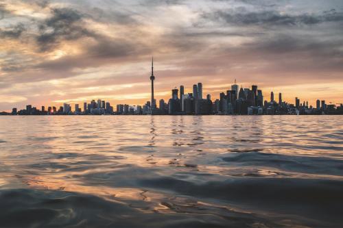 a view of a city from the water at sunset at Cozy & charming Downtown condo! in Toronto