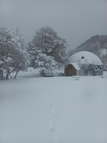 a barn covered in snow with trees in the background at Domos y tinaja en Icalma in San Pedro de la Paz