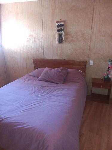 a bedroom with a large bed with purple sheets at Domos y tinaja en Icalma in San Pedro de la Paz