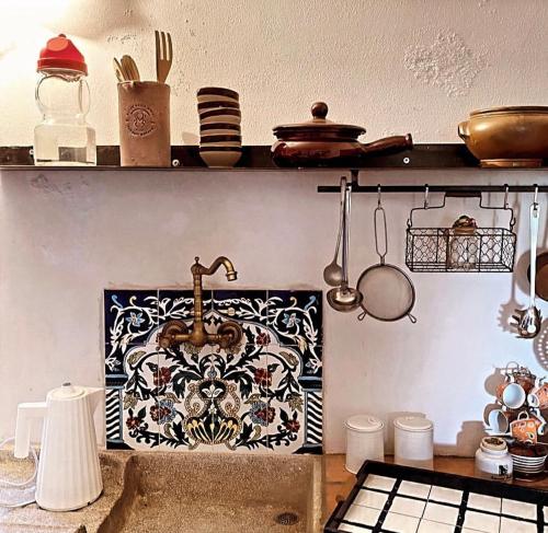 uma cozinha com um lavatório e um balcão com utensílios em Il Corvo Viaggiatore em Solarolo Monasterolo