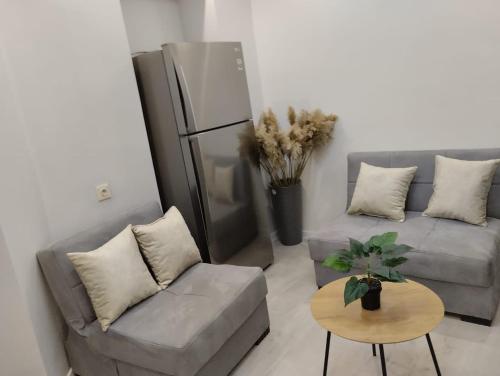 sala de estar con sofá y nevera en Central apartment of Tbilisi, en Tiflis
