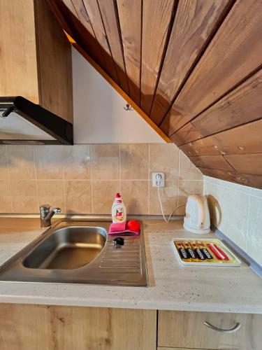 a kitchen with a sink and a counter top at Vila Morava in Liptovský Mikuláš