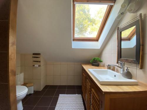 a bathroom with a sink and a toilet and a window at La maison paisible in Guéméné-Penfao