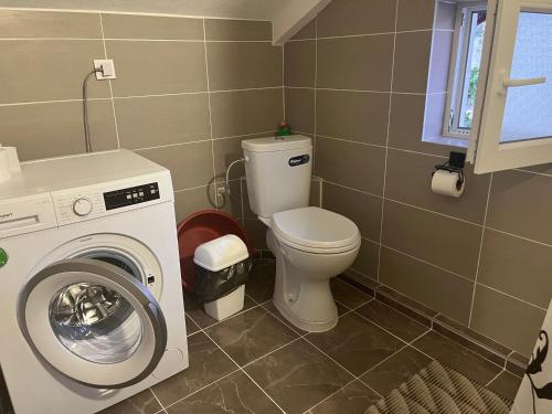 ein Badezimmer mit einem WC und einer Waschmaschine in der Unterkunft SeaAdrik in Bar