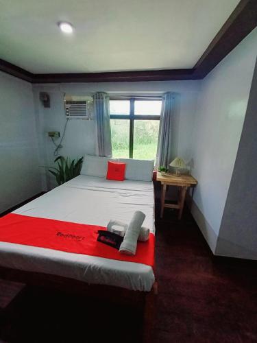 um quarto com uma cama com um cobertor vermelho e uma janela em San Juanico Travellers Inn - RedDoorz em Tacloban