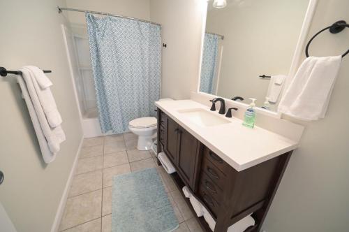 ein Badezimmer mit einem Waschbecken, einem WC und einem Spiegel in der Unterkunft The Historic Oneida Lake House Condo 5 (Penthouse) in Blossvale