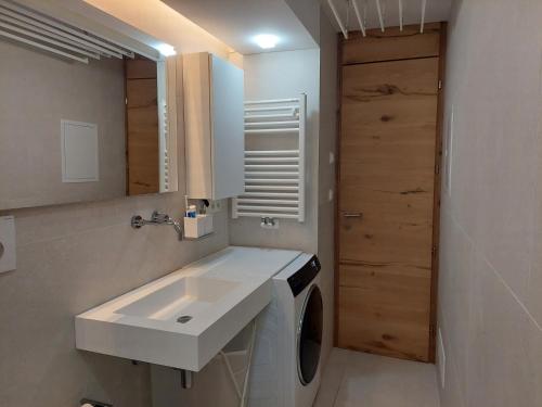 y baño con lavabo y lavadora. en Loft del Talvera 2, en Bolzano