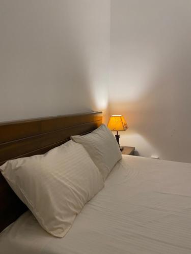 a bed with a white pillow next to a lamp at Sunshine Holiday Home at Wattala in Wattala