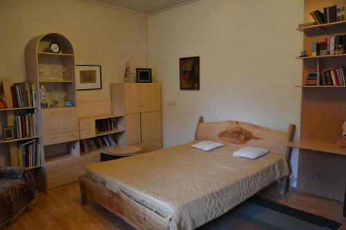 a bedroom with a bed and a book shelf at My Home in Gyumri