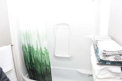 La salle de bains est pourvue d'une douche avec rideau de douche vert. dans l'établissement Sam & Comfort Home, à Saint-Jean