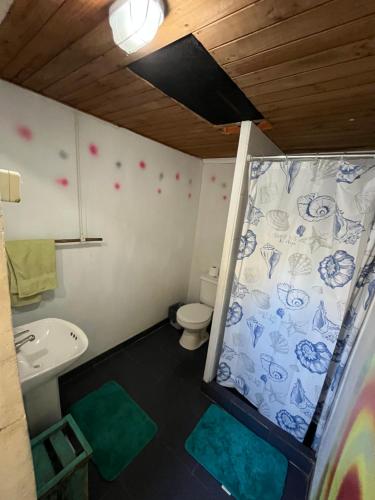 y baño con aseo y cortina de ducha. en SURFHOUSE Pichilemu, en Pichilemu