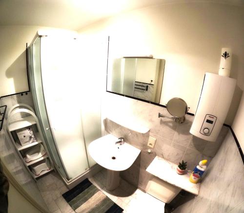 a bathroom with a sink and a shower and a mirror at Skyview Suite in Oostduinkerke