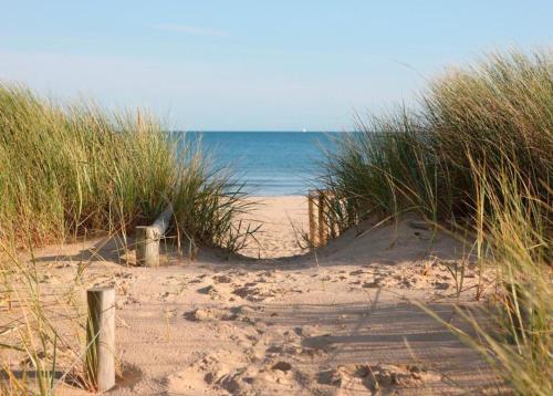a sandy beach with tall grass and the ocean at Skyview Suite in Oostduinkerke