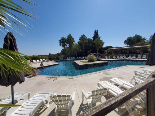 - une piscine avec des chaises longues blanches dans un complexe dans l'établissement Mobilhome La Marine, au Grau-du-Roi