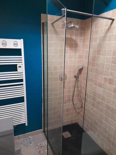 une salle de bain avec une douche avec une porte vitrée dans l'établissement Gite de la croix de Fénelon, à Masclat