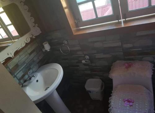mała łazienka z umywalką i toaletą w obiekcie Hospedaje Lojada w mieście Oxapampa